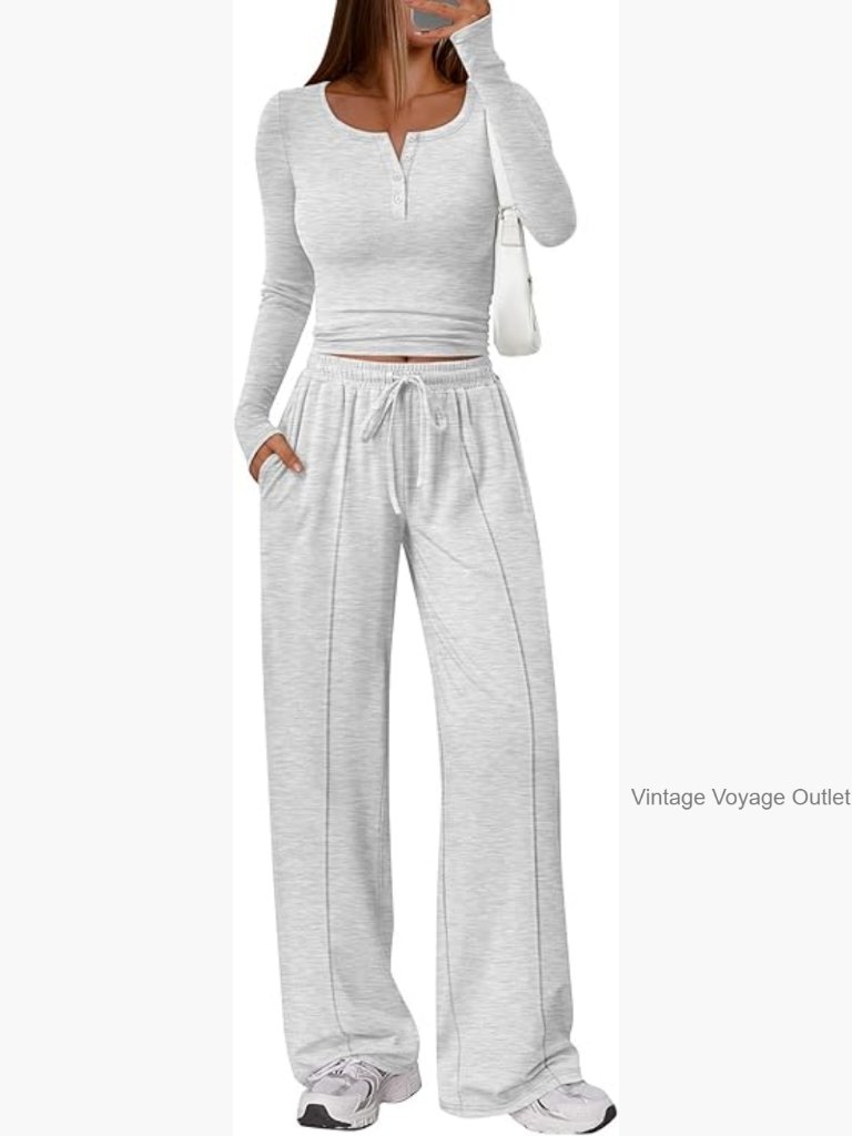 Matching Lounge Set Long Sleeve Crop Top Wide Leg Pants Medium